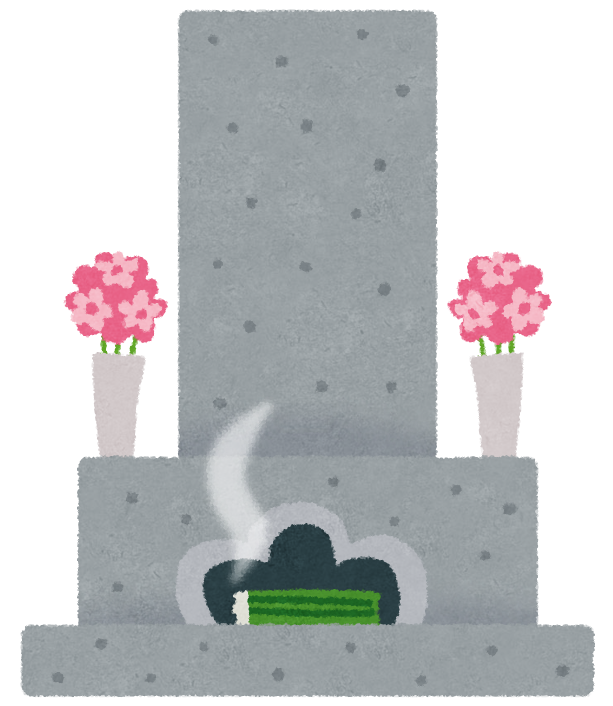 花と線香が供えられたお墓のイラスト